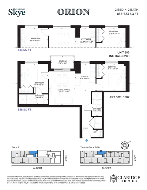 Floor plan for 2 beds, 2 baths, 858 sqft